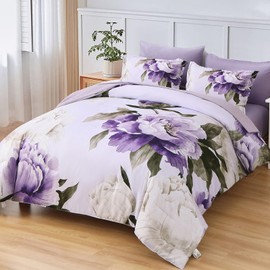Dobuyly Purple Queen Comforter Set 7 Piece Bed in a Bag Queen, Purple Floral Printed on Light Purple Comforter Set with Sheets, Soft Microfiber Botanical Complete Bedding Set for All Season