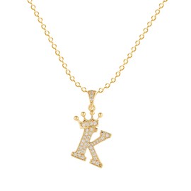 Symretie Women's 14K Gold Plated Chain with Letters Necklace with Crown Initials Golden 316L Stainless Steel Cubic Zirconia Letter Chain, Stainless Steel