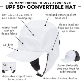 SwimZip UPF 50+ Sun Protective Adults' Winter Sun Hat with Convertible Ear Flaps White