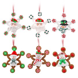 6 Pcs Christmas Gingerbread Santa Snowman Snowflake Ornaments, Colorful Assorted Polymer Clay Ornaments Christmas Tree Decorations with Cute Santa Snowman & Candy Peppermint Design Xmas Home Decor