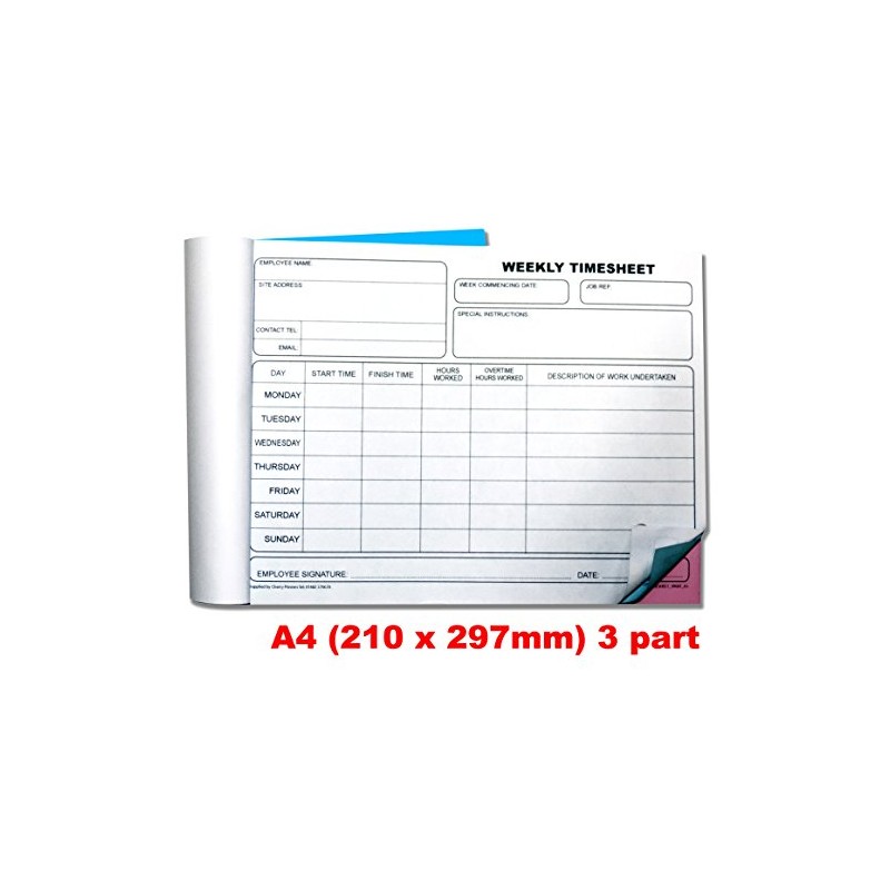 Cherry Carbonless NCR Weekly Timesheet Triplicate Book A4 50 Sets