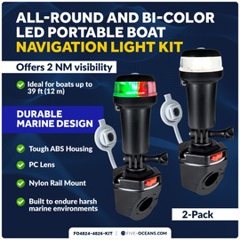 Five Oceans LED Portable Boat Navigation Light Kit, Bi-Color & All-Round Anchor Lights, IP67 Waterproof, Rail Mount Swivel Base, Battery-Powered, for Kayak, Canoe, Boats Up to 39 Ft - FO4820-4822-KIT