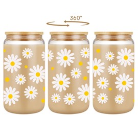 Coolife Daisy Iced Coffee Cup, 16 oz Glass Tumbler w/Straw Lid, Cute Flower Glass Cups w/Lids Straws, Smoothie Glass Cups - Christmas, Birthday Aesthetic Gifts for Friend Mom Sister Daughter Women