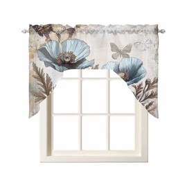 Vintage Tulip Flowers Swag Valances for Windows, Teal Blue Brown Florals Swag Kitchen Curtain Valances, Rod Pocket Elegant Butterfly Botanical Vintage Curtain for Cafe Bathroom Bedroom Drapes 56"x36"