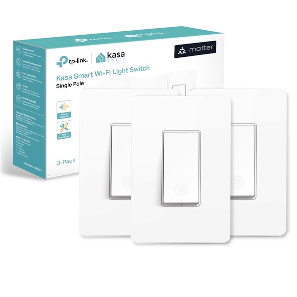 Kasa Matter Smart Light Switch: Voice Control w/Siri, Alexa & Google Assistant, UL Certified, Timer & Schedule, Easy Guided Install, Neutral Wire Required, Single Pole, 2.4GHz Wi-Fi, 3-Pack