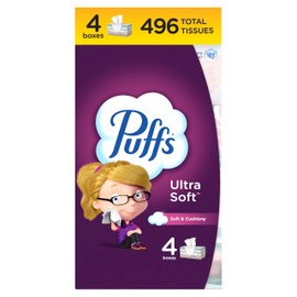 Puffs Ultra Soft Facial Tissues, 4 Family Size Boxes, 124 Facial Tissues Per Box