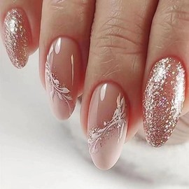 Almond Press on Nails Medium Length Fake Nails Nude Glitter Acrylic Nails Lace False Nails Nature Gradient Artificial Nails Glue on Nails for Women Manicure Nails Decoration 24Pcs