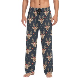 Christmas Reindeer Snowflake Men's Pajama Pants With Pockets - Drawstring Lounge Bottoms for Sleep and PJ