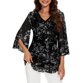Actcat Women's Blouse with V-Neck Tops & 3/4 Sleeves - Double Layer Tunics Made of Breathable Mesh with Floral Print, Loose Oversized Cut for Perfect Everyday and Party, 03 White Sheet/Black, 3 XL