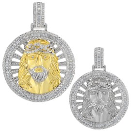 Solid 925 Sterling Silver - Men's Large Jesus Piece - Large 2" Round Medallion With Iced Baguette Man Made Diamonds (Natural Silver)