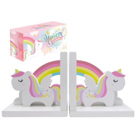 Decorably Unicorn Book Ends for Kids Books - 1 Set Non-Skid Wooden Kids Bookends for Girls, Book Ends for Shelves, Girl Bookends