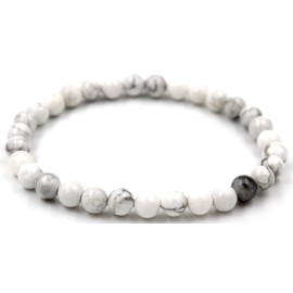 Taddart Minerals White Grey Bracelet Made from Natural Gemstone Magnesite with 6 mm Balls on Elastic Nylon Thread - Handmade, Nylon, Magnesite
