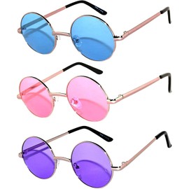 Round Retro Vintage Sunglasses Metal Frame Blue Purple Pink 3 Pairs OWL