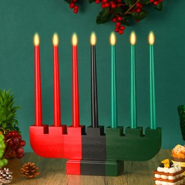 VIHOSE Kwanzaa Kinara Set Kwanzaa Dripless Taper Candles Set 3 Red 3 Green 1 Black Kwanzaa Wooden Candle Holder Battery Operated Kwanzaa Taper Candles LED Candles for Kwanzaa Table Centerpiece Decor