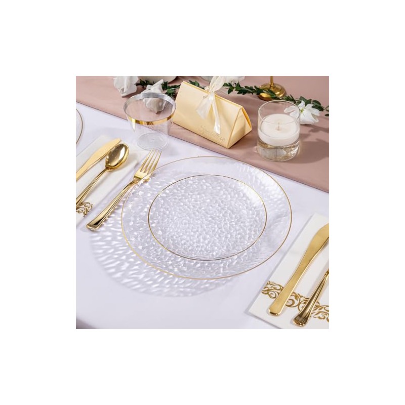 DaYammi 175PCS Clear Gold Plastic Dinnerware Set, Plastic Plates Disposable