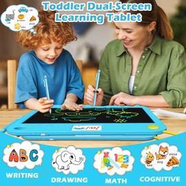 16 Inch LCD Learning Tablet Autism Toys forvalentines Day Gifts Kids 5-7 Dual-Screen Pad with 9 Learning Themes,Rechargeable Erasable Board Extra Stylus Lock Switch for Travel Home School