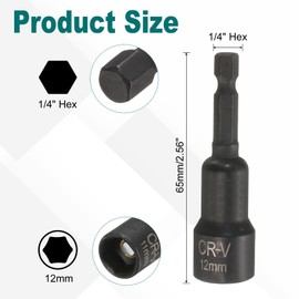 sourcing map 2Pcs 1/4" Hex Shank 12mm Magnetic Hex Socket 65mm Length, CR-V Steel Quick-Release Impact Driver Socket Wrench Screw for Impact Drill Power Nut Setter