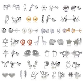 30 Pairs Whtie Gold Silver Plated Post Cute Animal Star Snow Heart Shape Stud Earrings Set Hypo-Allergenic (30 pairs)