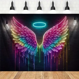 Glowing Fluorescent Angel Wings Wall Art Backdrop Colorful Angel Wings Backdrops Colorful Wings Backdrop Rainbow Angel Wings Background for Birthday Wedding Graduation Party Decor Banner(Red, 7x5feet)