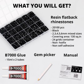b7000 Jewelry Glue with 20100Pcs Black Rhinestones Flatback for Crafts, Flat Back Gems Shiny Crystals Diamonds for Clothing Fabric Shoes Clothes Shirt, Rinestones Bulk Bedazzling Kit for Crafting