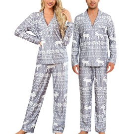 ENJOYNIGHT Couples Christmas Pajamas Sets Long Sleeve Button Down Sleepwear 2 Piece Lounge Set with Long Pants(W-Green-Hat, Large)