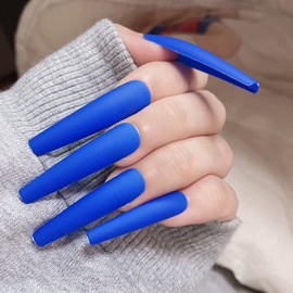 AddFavor XXL Extra Long Press on Nails Coffin Matte Fake Nails Full Cover Acrylic False Nails 12 Sizes 120pcs Blue Nail Tips for Women Fingernails Manicure Design