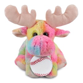 DolliBu Rainbow Floppy Moose Stuffed Animal with Baseball Plush - Soft, Huggable Moose, Great Gifts for Kids Who Love Baseball, Cute Wild Animal Plush with Plush Baseball Toy for Kids, Adults - 9 Inch