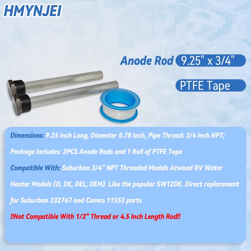 RV Water Heater Anode Rods 9.25" x 3/4" NPT for