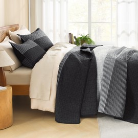 Litanika California King Quilt Set Black White Grey - Cal King Oversized Stripe Comforter Gray Bedspreads & Coverlets - Soft Lightweight Quilted Bedding Set for All Season(1 Quilt, 2 Pillowcases)