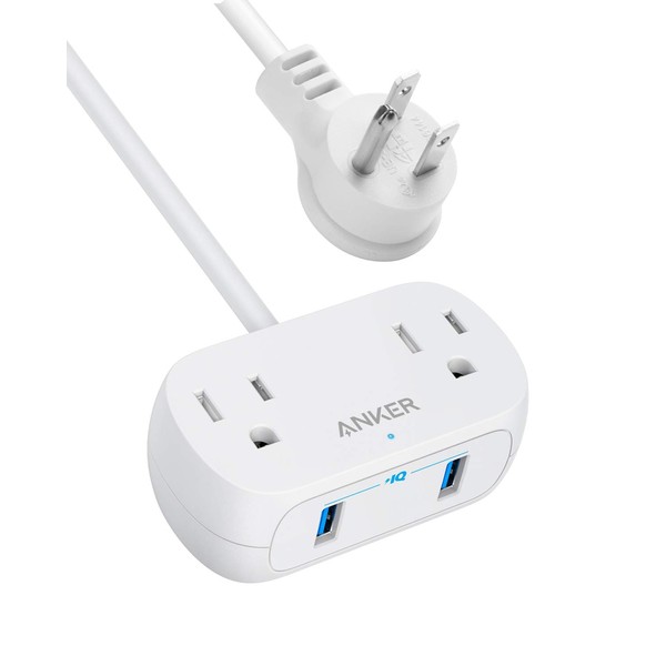 Anker Extension Cord,Mini Power Strip with USB Ports ,2 Outlets and 2 USB-A Ports, Flat Plug, 5 ft Extension Cord, Safety System for Travel, Desk, and Home Office, TUV Listed