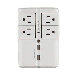 SANUS On-Wall Surge Protector- 4 Rotating Outlets & 2 USB Ports -1080 J - Low-Profile & Fireproof - White