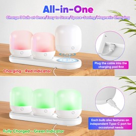 Rechargeable Battery Operated Light Bulb Set with Magnetic 3 in 1 Charging Station & Remote Control, Wireless Dimmable Detachable LED Bulb with 15 Colors Selectable for Wall Sconce, Non-Hardwired