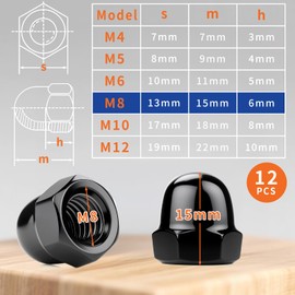SWTYExt Acorn Nuts M8 Stainless Steel Pack of 12 Acorn Nuts DIN 1587 High Shape High Quality A2 V2A Cap Nuts Black Screw Caps Hex Cap Nuts for Screws Nut Threaded Rod Threaded Bolts