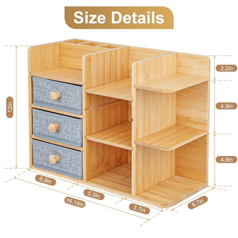 Makeup Organizer Countertop With Brush Holder For Vanity, Large Bamboo