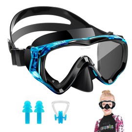 HIKOTEY Taucherbrille Kinder 4-16 Jahre, Schwimmbrille Kinder mit Nasenabdeckung 180°Panorama HD Silikonband, Schnorchelset für Mädchen Jungen Kinder (Blau)