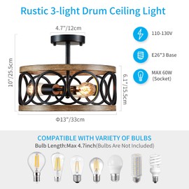 XINGQI 3-Light Farmhouse Ceiling Light 13” Modern Drum Semi Flush Mount Ceiling Light Fixture Rustic Round Metal Shade with Black & Wood Grain Finish for Living Dining Room Bedroom