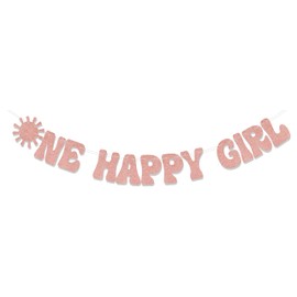 KEWUFD One Happy Girl Banner,Sun Theme 1st Birthday Party Decorations Supplies, Sunrise First Birthday Anniversary Party Decorations Supplies for Boys Girls, 1st Birthday Decor Rose Gold Glitter
