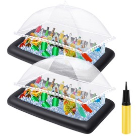 Leitee Inflatable Serving Bar Kit Includes Salad Buffet Tray with Drain Plug Mesh Food Cover Food Drink Containers and Inflator for Ice Supplies Party Camping Summer Picnic (Black)