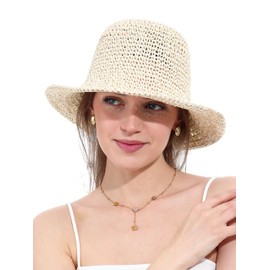 soul young Womens Straw Sun Hat Wide Brim Hand Woven Foldable Beach Bucket Hat for Summer Travel UV Protection UPF 50+(One Size,Beige & Khaki)