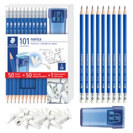 STAEDTLER Norica Pencil Set: 50 Pre-sharpened #2 HB Pencils with 50 Eraser Caps & Double-Hole Sharpener, Break-Resistant Lead, School Pack