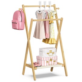 BAMBOOHOMIE Kids Clothing Rack, Small Clothes Rack for Toddler Pets, Kids Dress Up Rack with Storage Shelf & Double Rods, Foldable Kids Clothes Rack for Nursery Child's Room (Small Size)