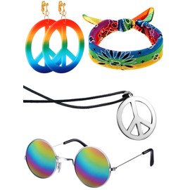 4 Pcs Hippie Costume Accessories 70s Hippie Headband and Peace Sign Earrings Necklace Rainbow Sunglasses for Women Men