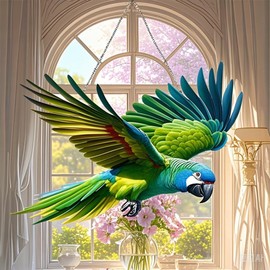 Tropical Parrot Stained Window Hanging Ornament, Green Flying Bird Shape Garden Stained Acrylic Window Panel, Great Gift for Mom Grandma and Birds Lover for Birthday Mother's Day or Housewarming