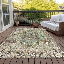 Beige Green Oriental Antique Waterproof 5x7 Outdoor Rug for Patio Balcony Garden Backyard Porch Camping Washable Non Slip Outside Carpet