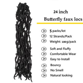 LMZIM 5 Packs 24 Inch Butterfly Crochet Hair for Black Women Faux Locs Pre looped Pre-twisted Braids (24 inch 5 pack, 1b)