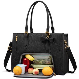 LOVEVOOK Laptop Lunch Tote Bag for Women, Work Bag with Insulated Lunch Compartment 15.6 Inch 2 in 1 Lunch Tote Large Handbag Briefcase for Work, Teacher, Nurse, Office, Collage, Casual, Black
