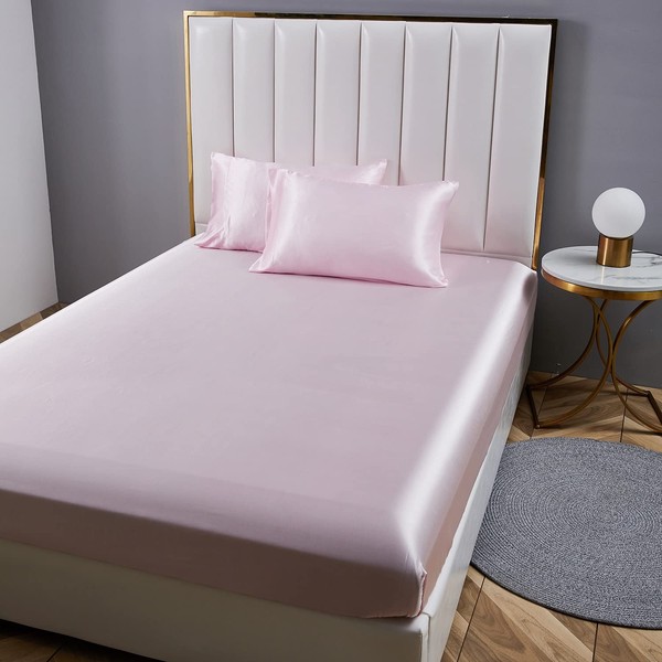 YASMENG Pink Full Satin Fitted Sheets Only, 1 Pack Cooling
