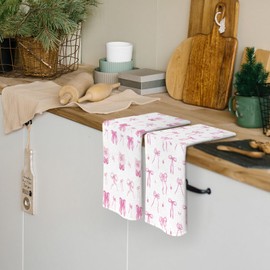 Pugwak Coquette Pink Bow Cherry Kitchen Dish Towels 16x24 Inch Set of 2, Preppy Girly Ribbon Bathroom Decor, Coquette Party Towels, Trendy Girls Bowknot Room Drom Decorative Hand Towels Tea Towels