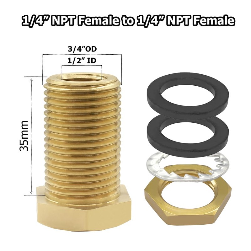 Hooshing 2PCS Brass Bulkhead Fittings1/4" NPT Female Coupling and 1/2"