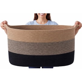 Singhoow 125l Jumbo Blanket Basket for Living Room, 25"x18"x17" XXXXL Cotton Rope Storage Basket with Handles, Extra Large Woven Laundry Hamper for Living Room, Laundry(Khaki,Brown,Black)